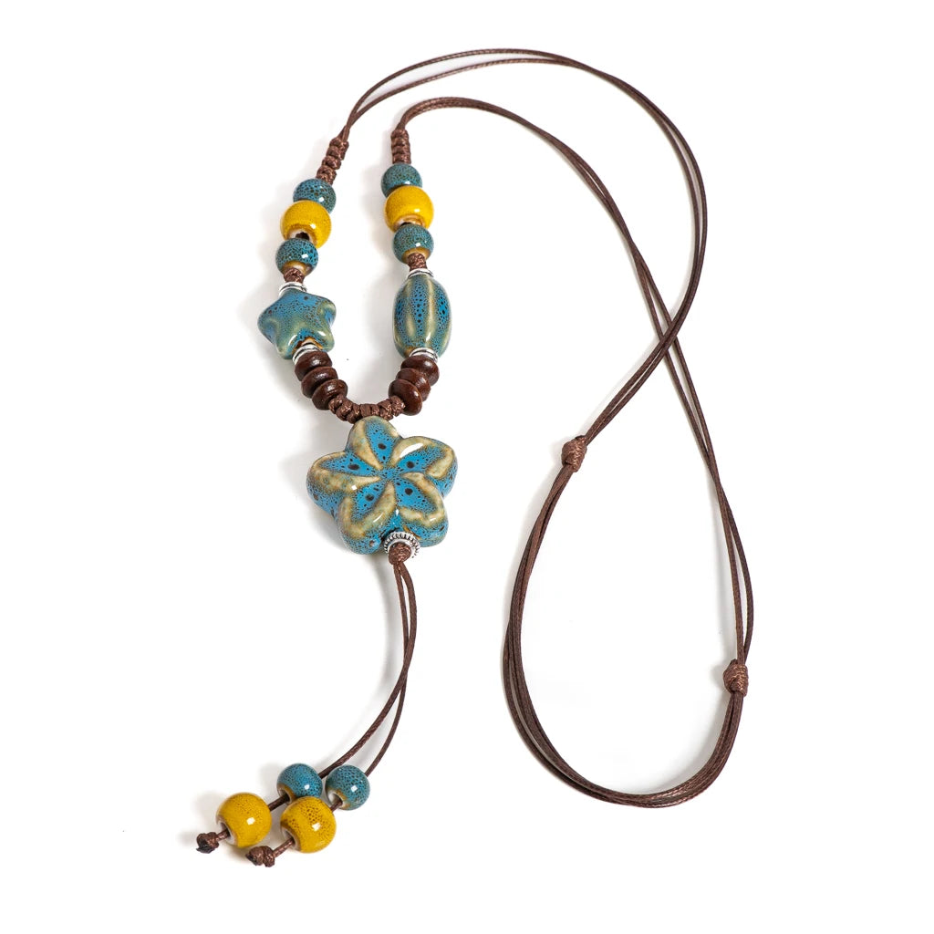 Handcrafted Bohemian Blue Blossom Ceramic Necklace Adjustable Ethnic Jewelry Floral Pendant Piece for Women S02-052