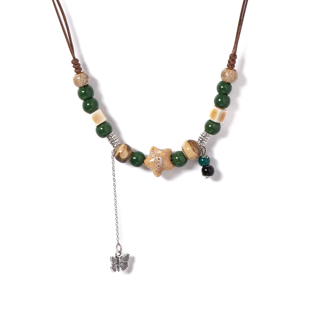 Handcrafted Ceramic Beaded Necklace Adjustable Ethnic Boho Jewelry Emerald Green Butterfly Pendant Accessories for Women S02-046