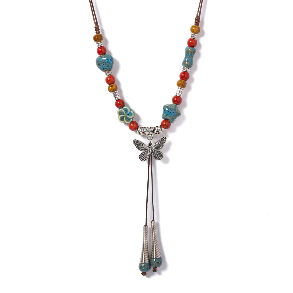 Handmade Colorful Butterfly Ceramic Necklace Adjustable Boho Ethnic Jewelry Tassel Pendant Long  Necklace for Women S02-054