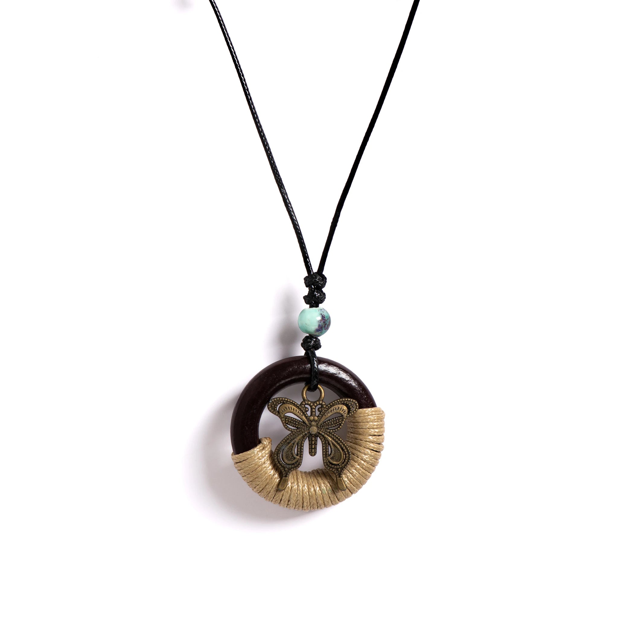 Rustic Wooden Circle & Butterfly Pendant Necklace Handcrafted Ceramic Beaded Adjustable Boho Vintage Jewelry for Women S001194