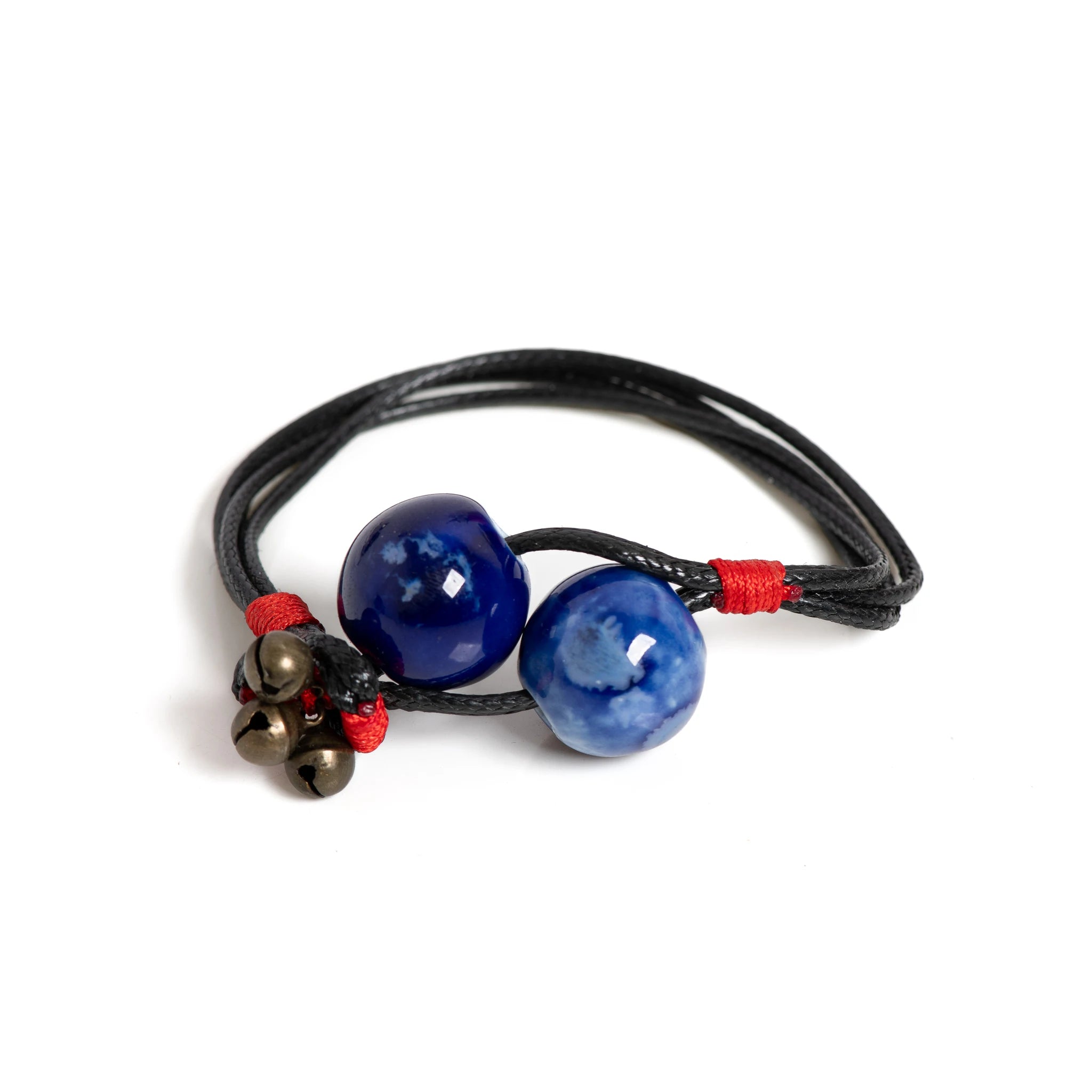 Handmade Deep Blue Ceramic Beaded Bag Charm Elegant Boho Ornament with Woven Cord and Metallic Accents S001189