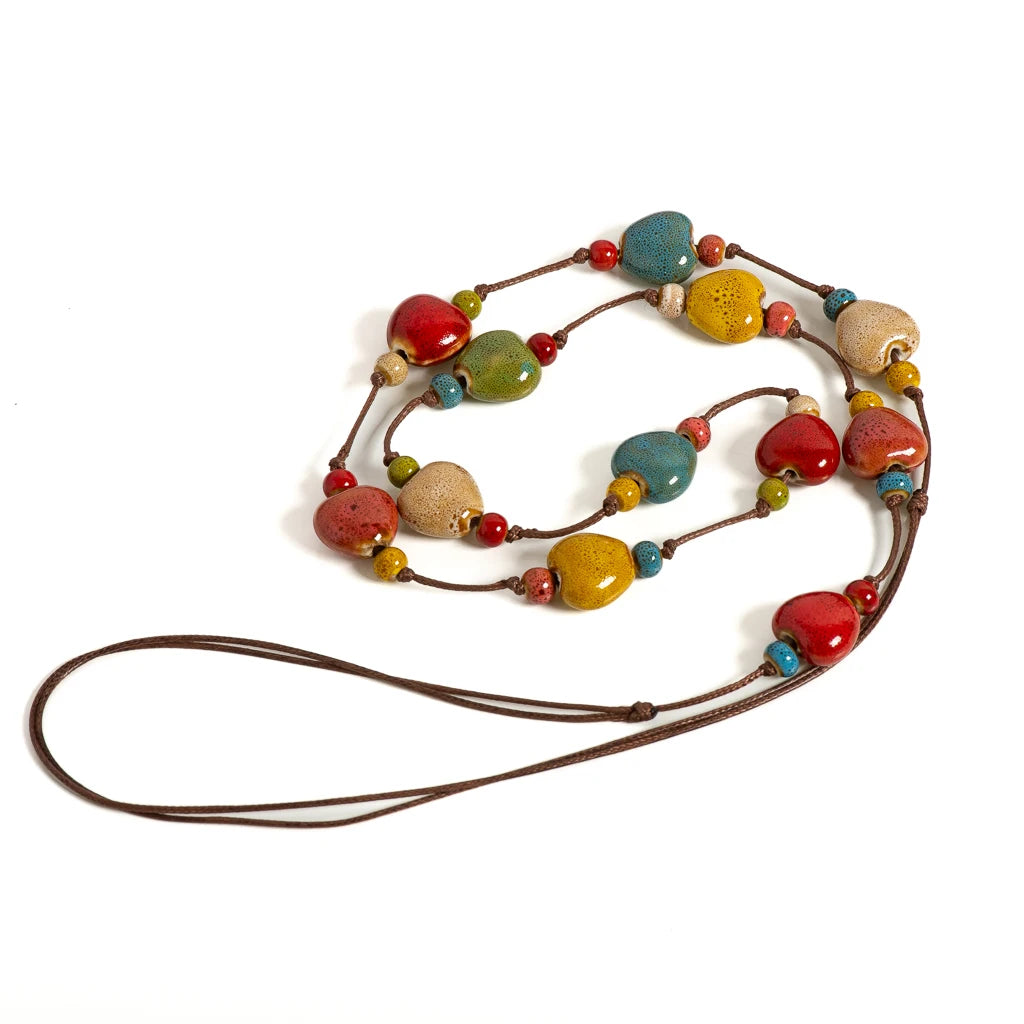 Handmade Ceramic Heart Bead Necklace for Women Adjustable Boho Jewelry Colorful Cord Gift for Girls Ethnic Style S001215