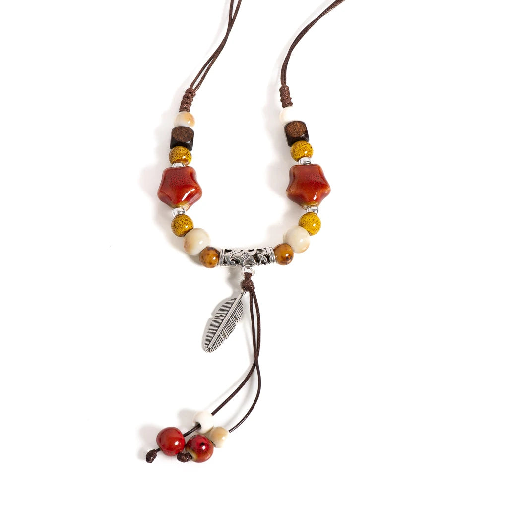 Ceramic Beaded Necklace Adjustable Boho Vintage Ethnic Jewelry Feather Star River Pendant Long Fashion Accessories S02-043