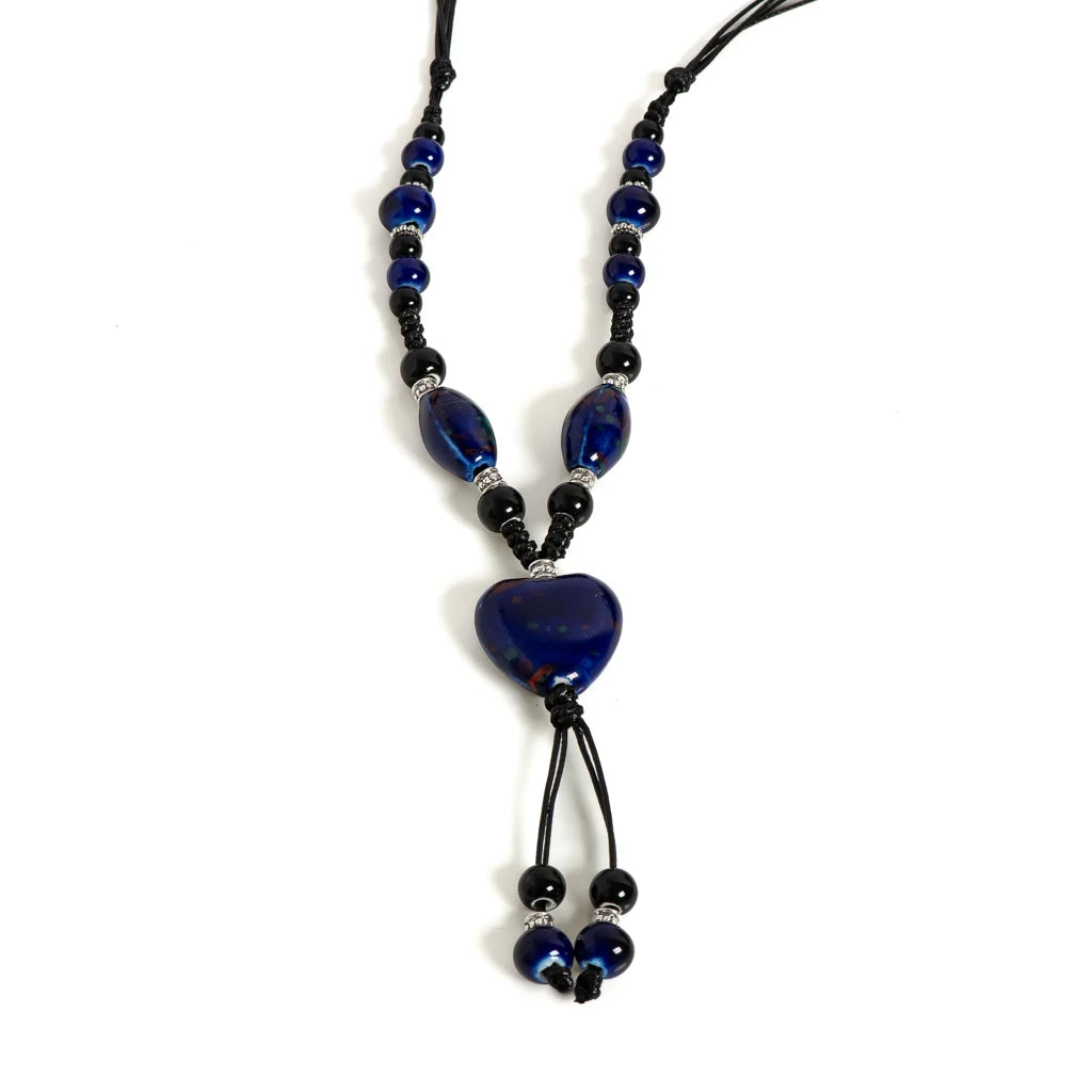 Glaze Ceramic Heart Pendant Necklace for Women Adjustable Boho Ethnic Jewelry Long Statement Gift Accessory S001216