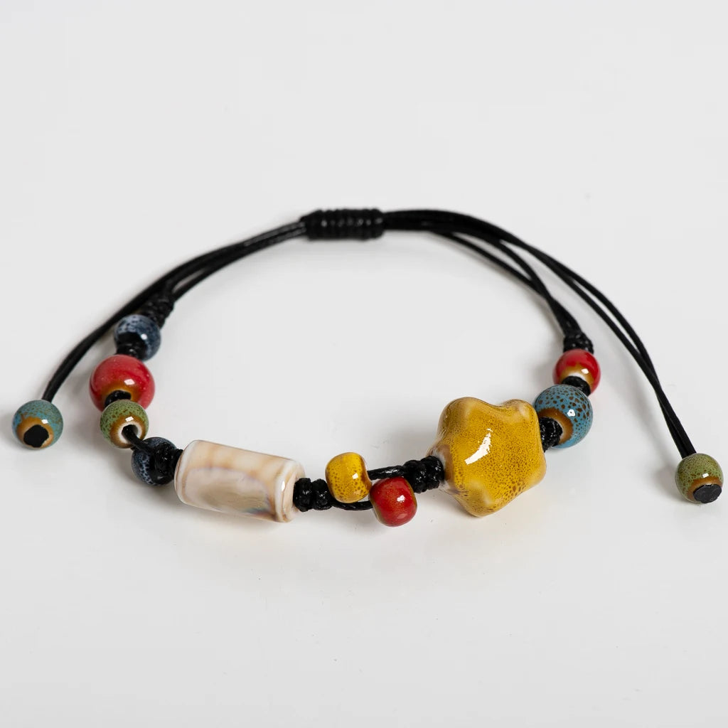 Amber Star Ceramic Bead Bracelet Adjustable 12–24cm Handmade Multicolor Boho Jewelry with Cord Knotting S02-061