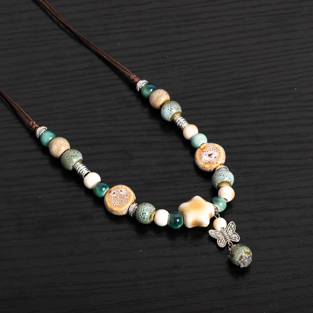 Artisan Handmade Ceramic Beaded Necklace Adjustable Vintage Boho Jewelry Butterfly Charm Statement Necklace for Women S02-045