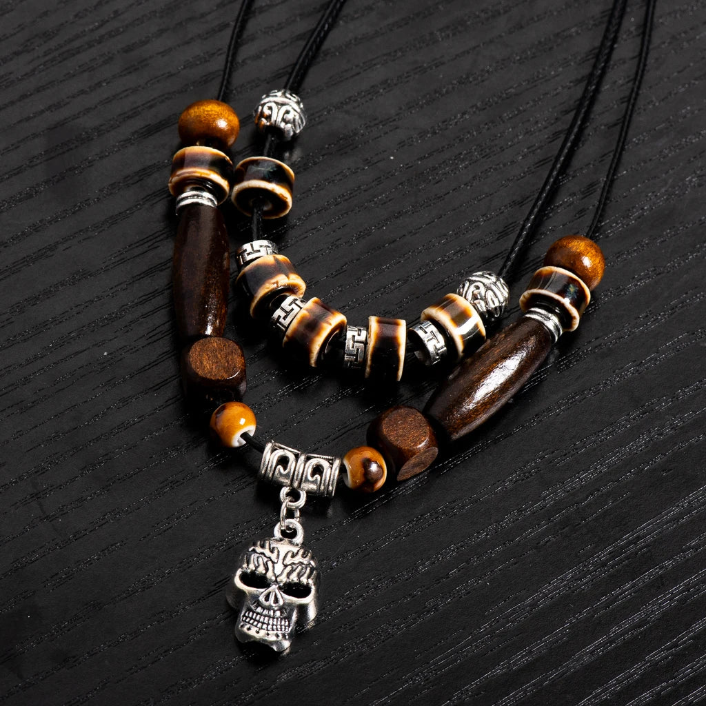 Handcrafted Ceramic Beaded Necklace Adjustable Boho Jewelry Brown Tones Totem Tiger Pendant Ethnic for Men&Women S02-049