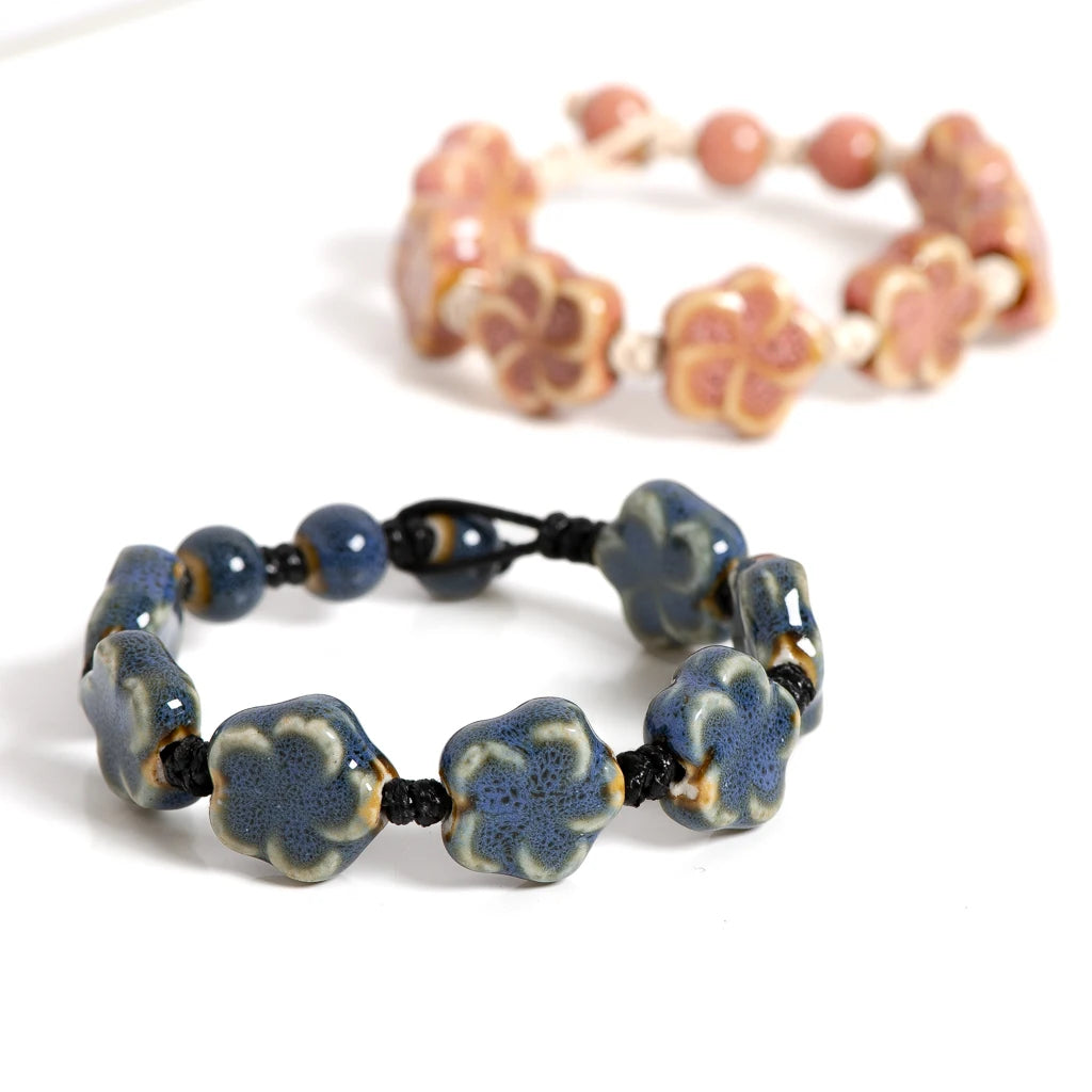 Handmade Ceramic Flower Bracelet 16–18cm Adjustable Cord Jewelry with Pink or Purple Glazed Beads for DIY Boho Style S02-057