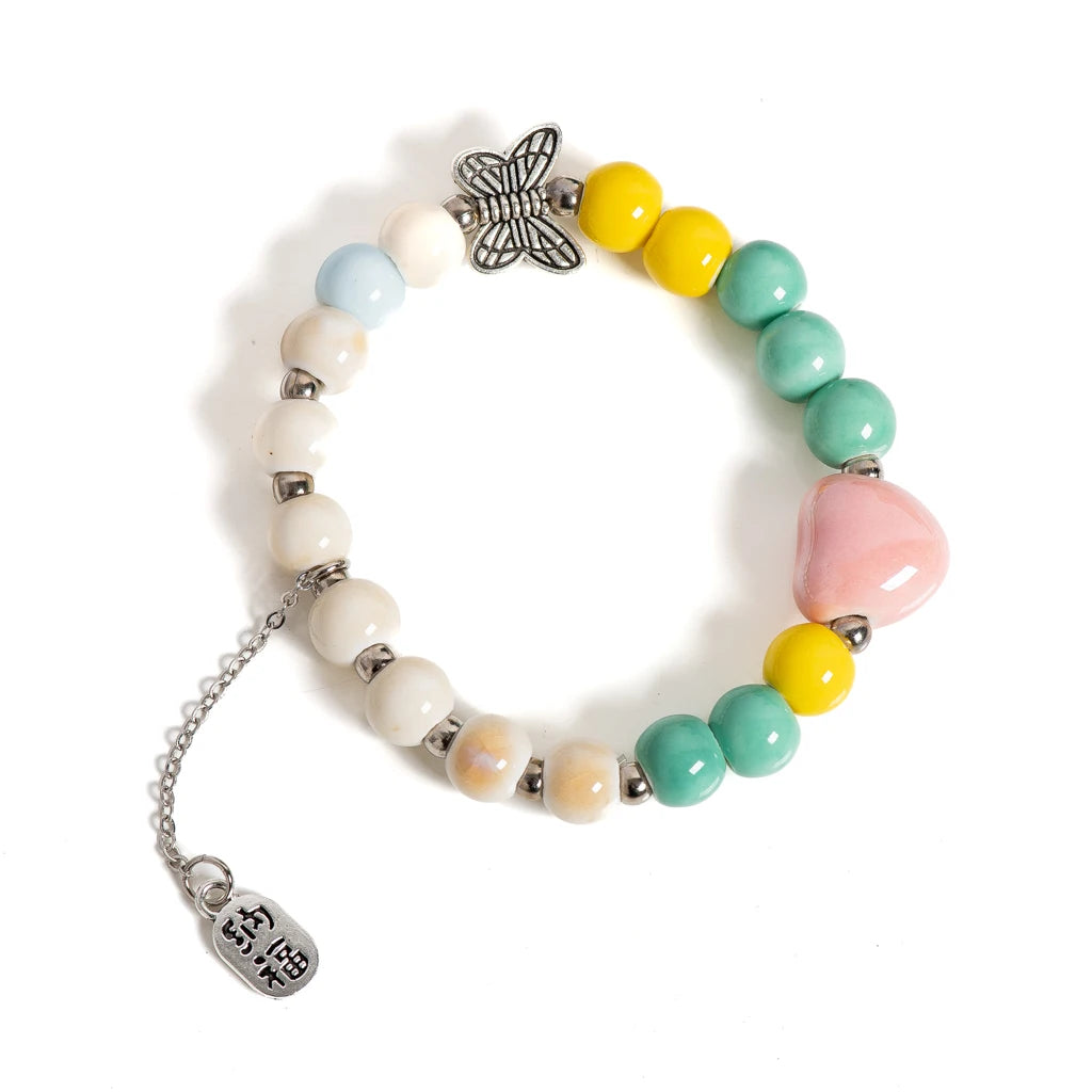 Colorful Ceramic Bead Bracelet with Butterfly and Blessing Charms 16–18cm Elastic Handmade Jewelry for Women S02-060