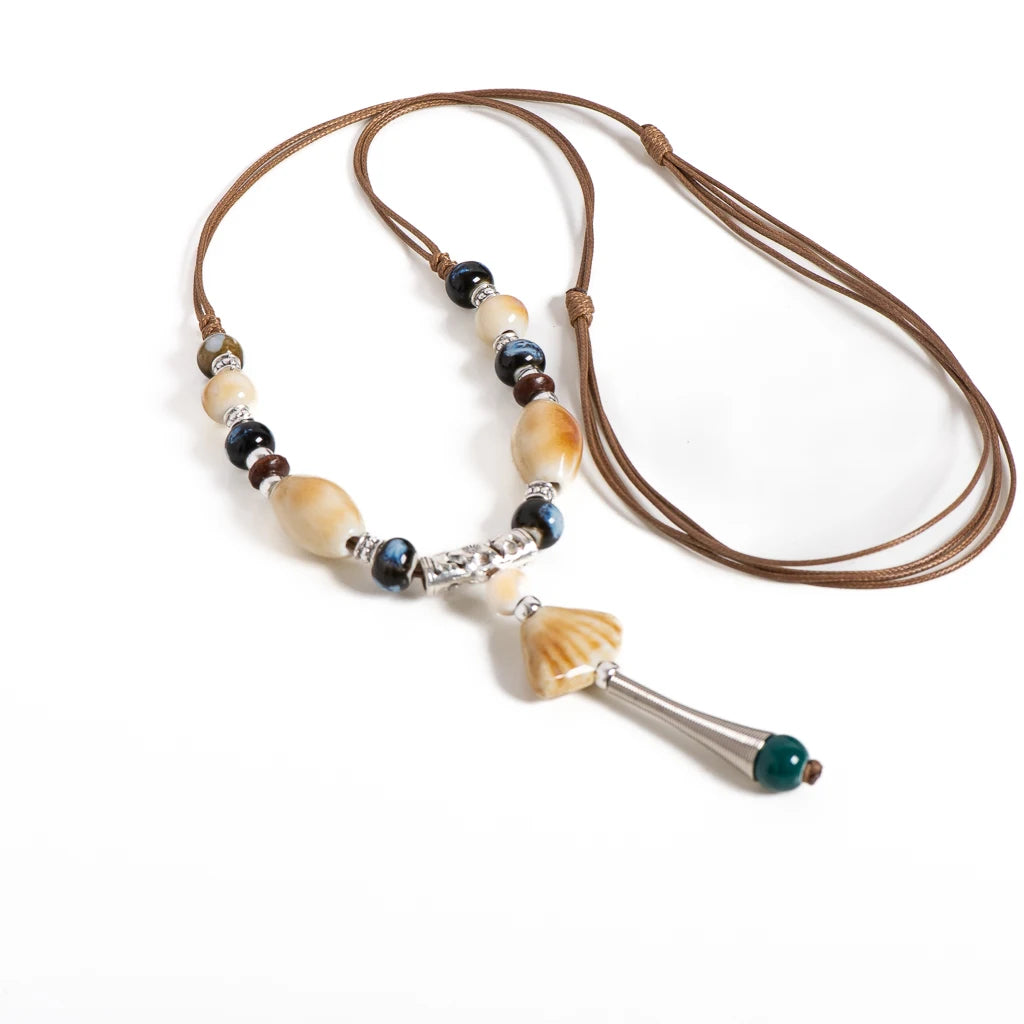 Handmade Ocean-Inspired Ceramic Necklace Adjustable Boho Ethnic Jewelry Seashell Pendant Long Elegant Necklace for Women S02-055