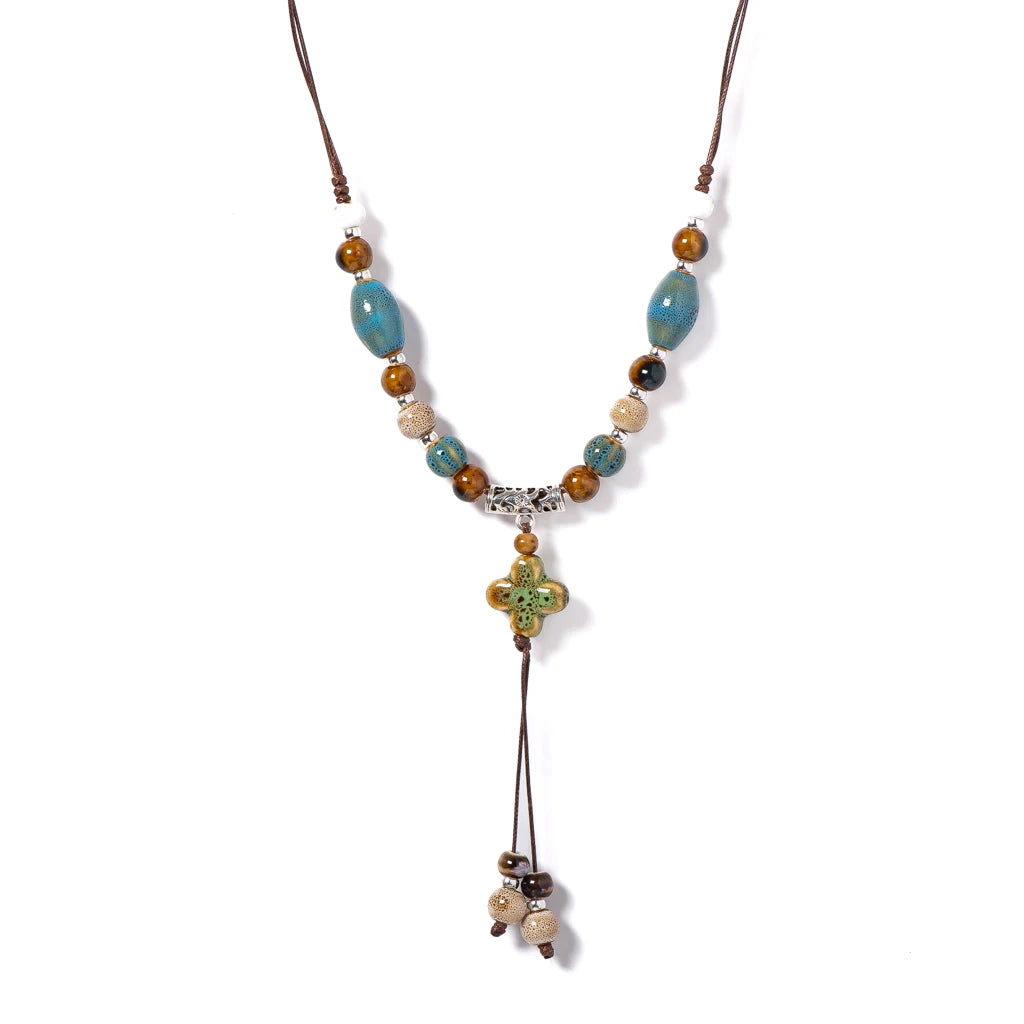 Handmade Boho Ceramic Beaded Necklace Adjustable Ethnic Jewelry Cross Pendant Long Layered Statement Necklace for Women S02-053