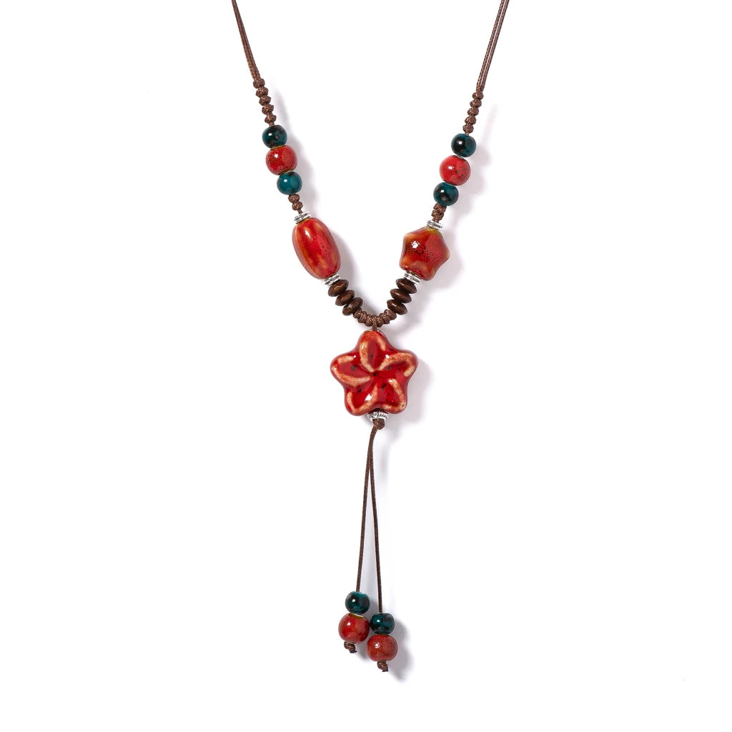 Handmade Red Floral Ceramic Beaded Necklace Adjustable Boho Ethnic Jewelry Star Pendant Long Statement for Women S02-050