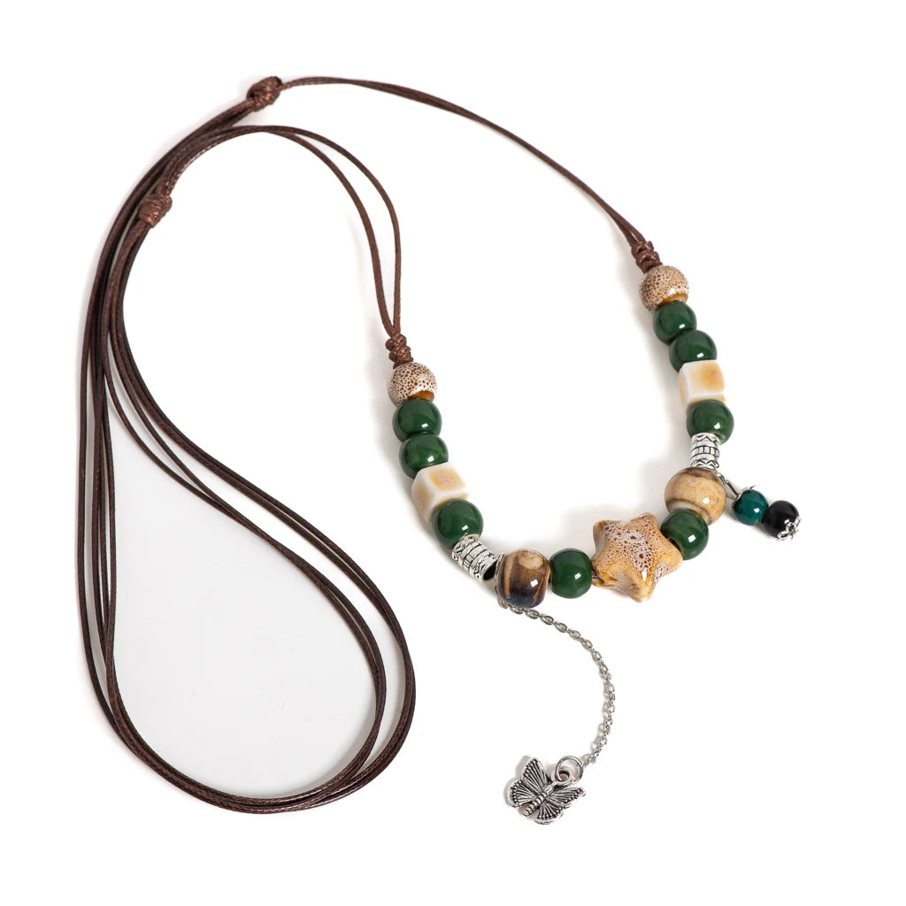 Bohemian Style Adjustable Ceramic Necklace with Butterfly Charm and Colorful Beads for Artistic Everyday Wear S02-046