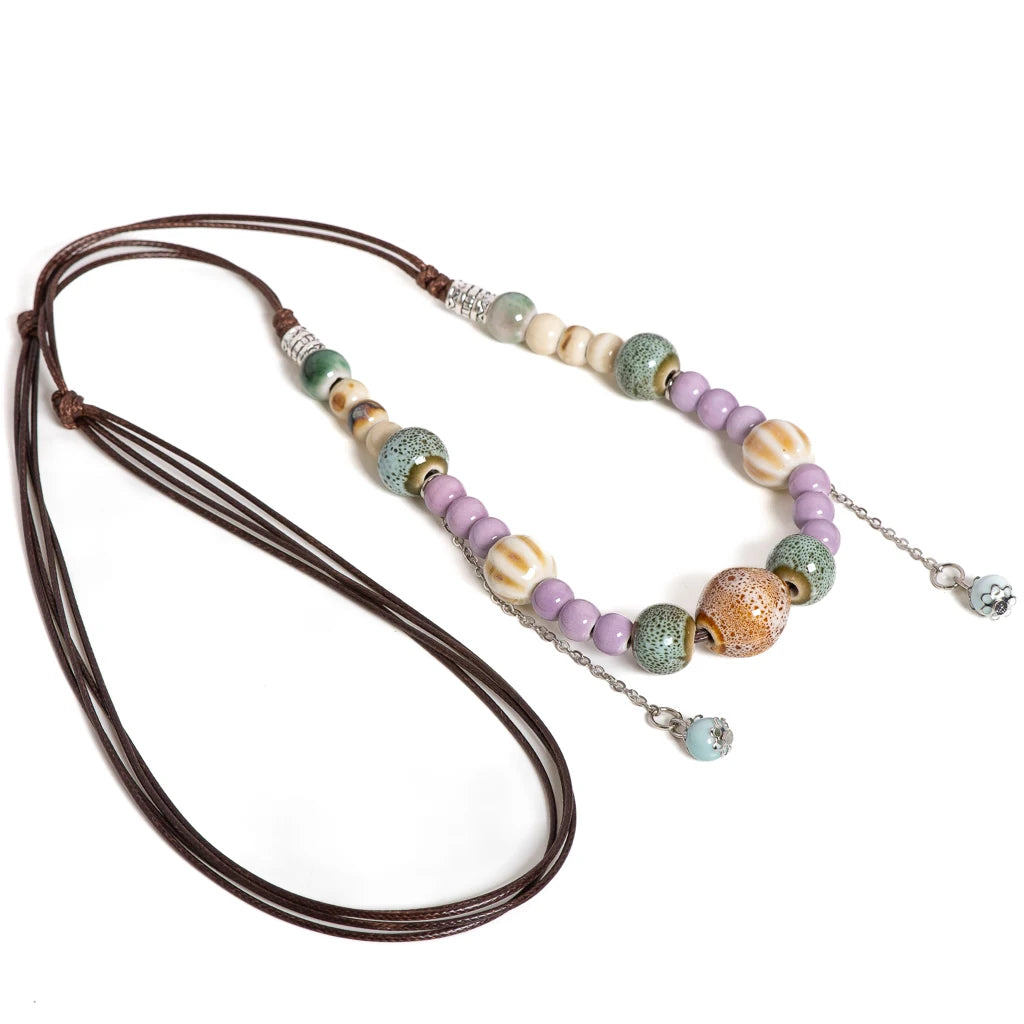 Handmade Multicolor Ceramic Beaded Necklace Adjustable Boho Ethnic Jewelry Pastel Tones Pendant Long Necklace for Women S02-048