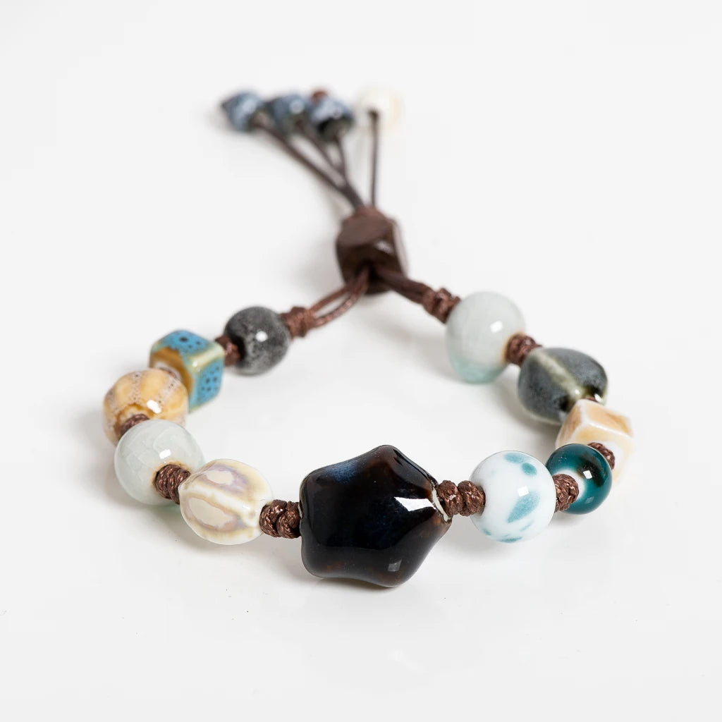 Vintage Star Ceramic Bead Bracelet Adjustable 16–24cm Handmade Multicolor Glaze Jewelry with Wax Cord S02-062