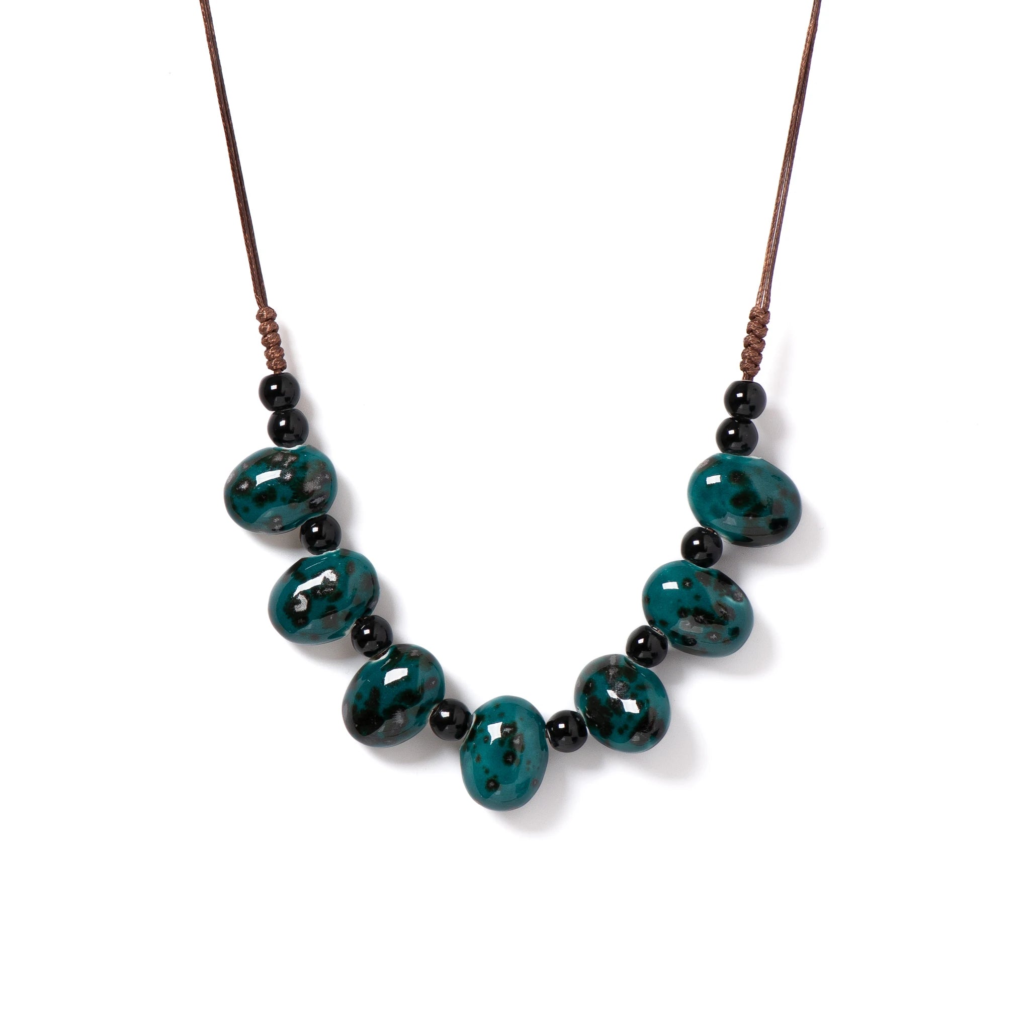 Handcrafted Glazed Ceramic Necklace Vintage Green Stone-Inspired Beads Adjustable Rustic Artisan Jewelry for Women S001192