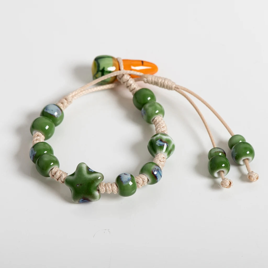 Green Star Ceramic Bead Bracelet Adjustable 16–24cm Handmade Macrame-Style Jewelry with Gourd Beads S02-064