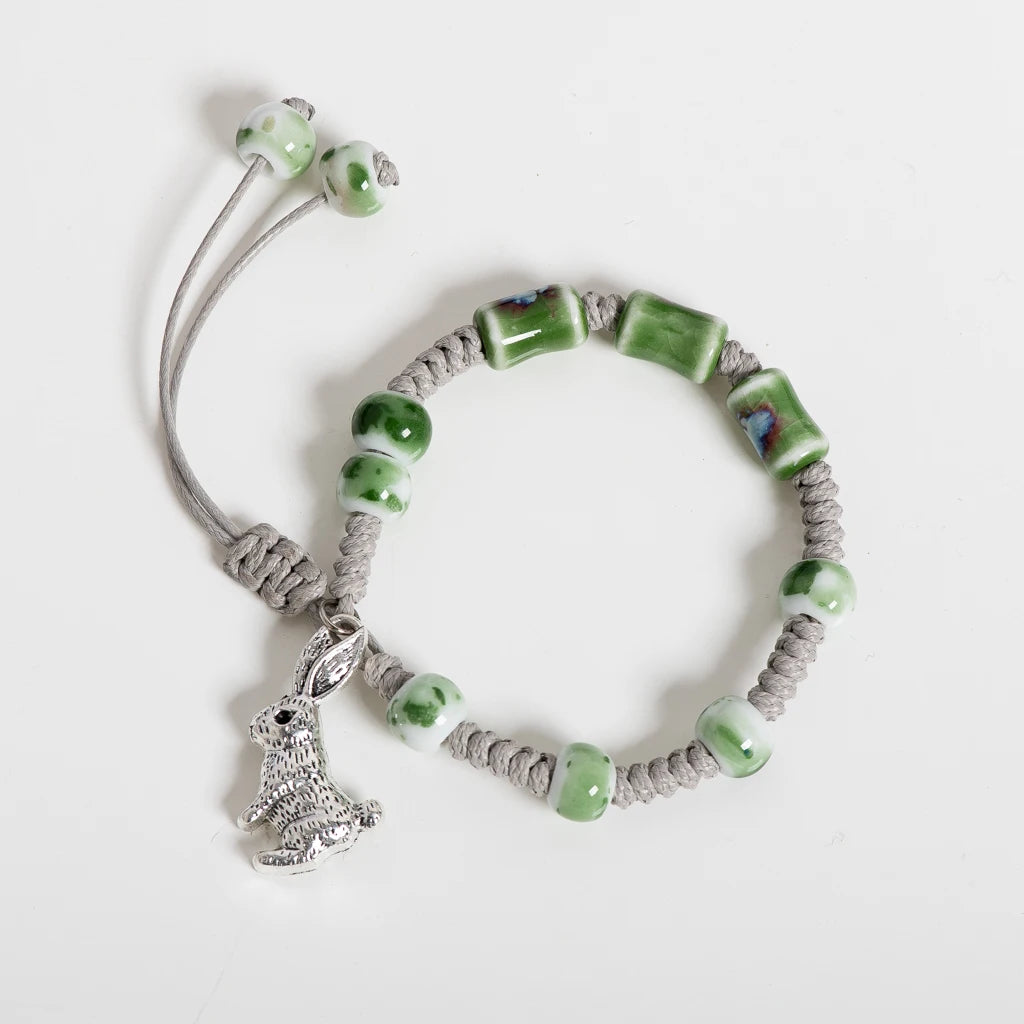 Green Bamboo Rabbit Ceramic Bead Bracelet Adjustable 16–24cm Handmade Jewelry with Alloy Bunny Charm S02-063