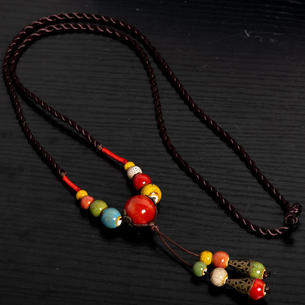 Colorful Ceramic Beaded Necklace for Women Adjustable Long Ethnic Pendant Jewelry Boho Chinese Retro Gift Accessories S001197