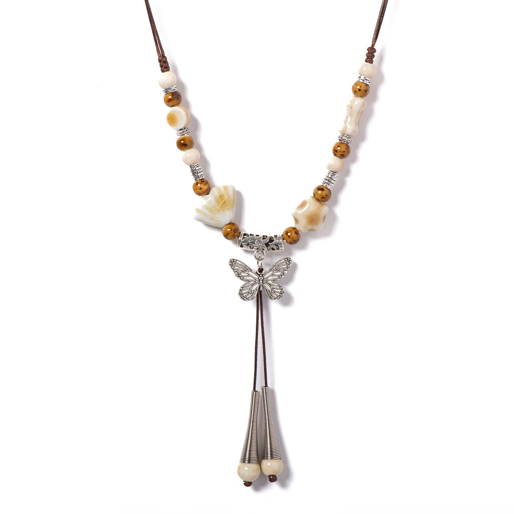 Boho Handmade Ceramic Beaded Necklace Adjustable Vintage Tribal Jewelry Amber Butterfly Tassel Pendant Long for Women S02-047