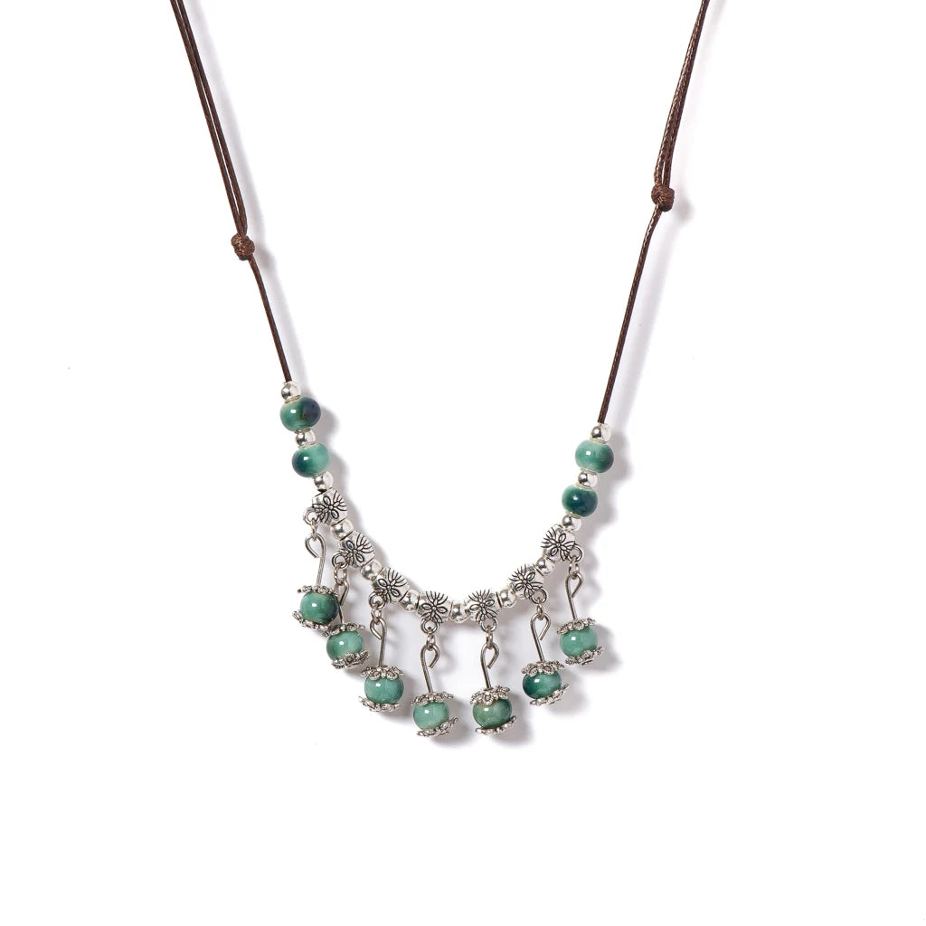Handmade Ceramic Beaded Necklace Adjustable Boho Vintage Ethnic Jewelry Pendant Fashion Accessories for Women S02-037