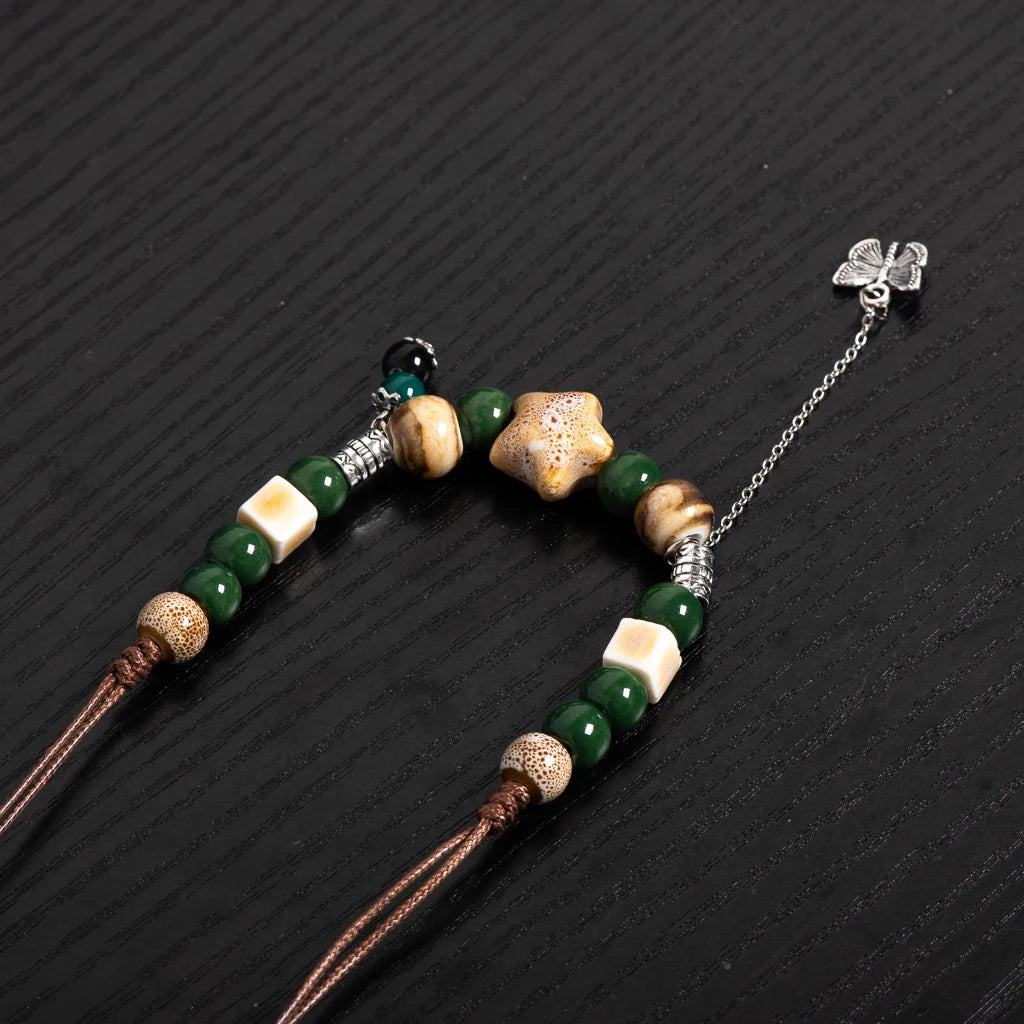 Boho Handmade Ceramic Beaded Necklace Adjustable Vintage Tribal Jewelry Amber Butterfly Tassel Pendant Long for Women S02-046A
