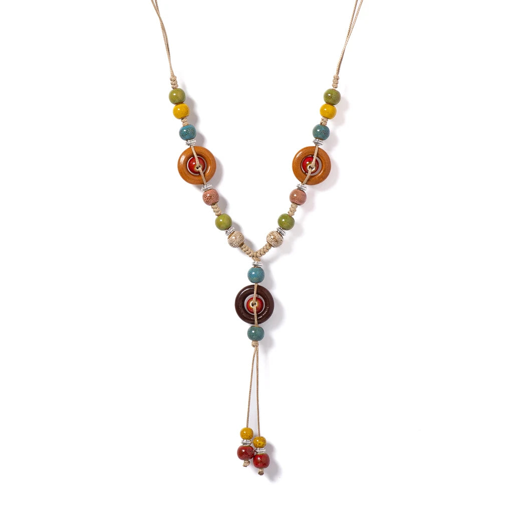 Handmade Bohemian Ceramic Beaded Necklace Adjustable Ethnic Jewelry Colorful Dreamcatcher-Inspired Pendant for Women S02-056