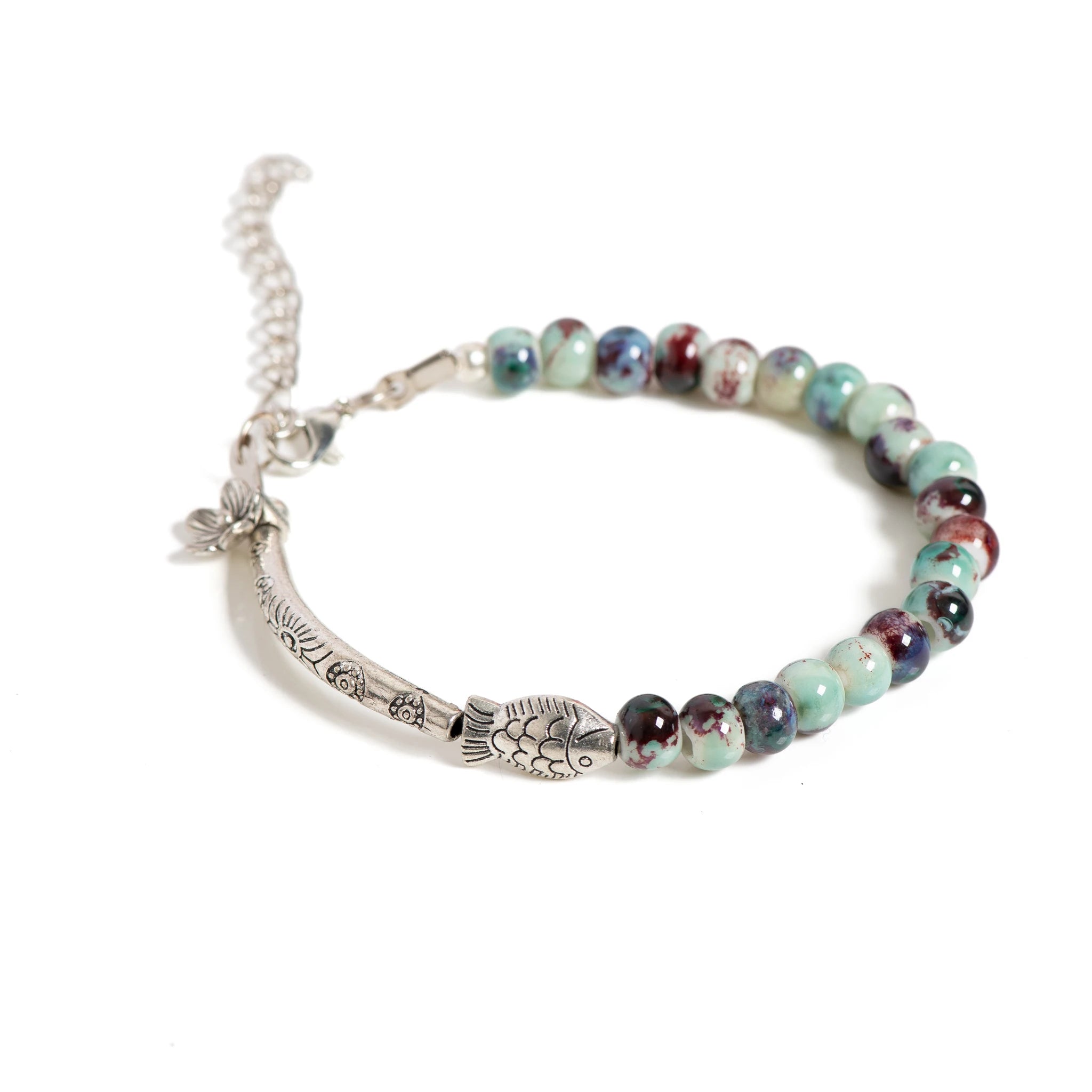 Handmade Floral Fish Ceramic Beaded Bracelet Adjustable Boho Elegant Jewelry with silver-plate Accents for Women S001188