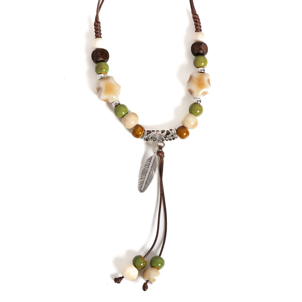Bohemian Handmade Ceramic Beaded Necklace Adjustable Tribal Ethnic Jewelry Nature Spirit Feather Pendant Long for Women S02-044